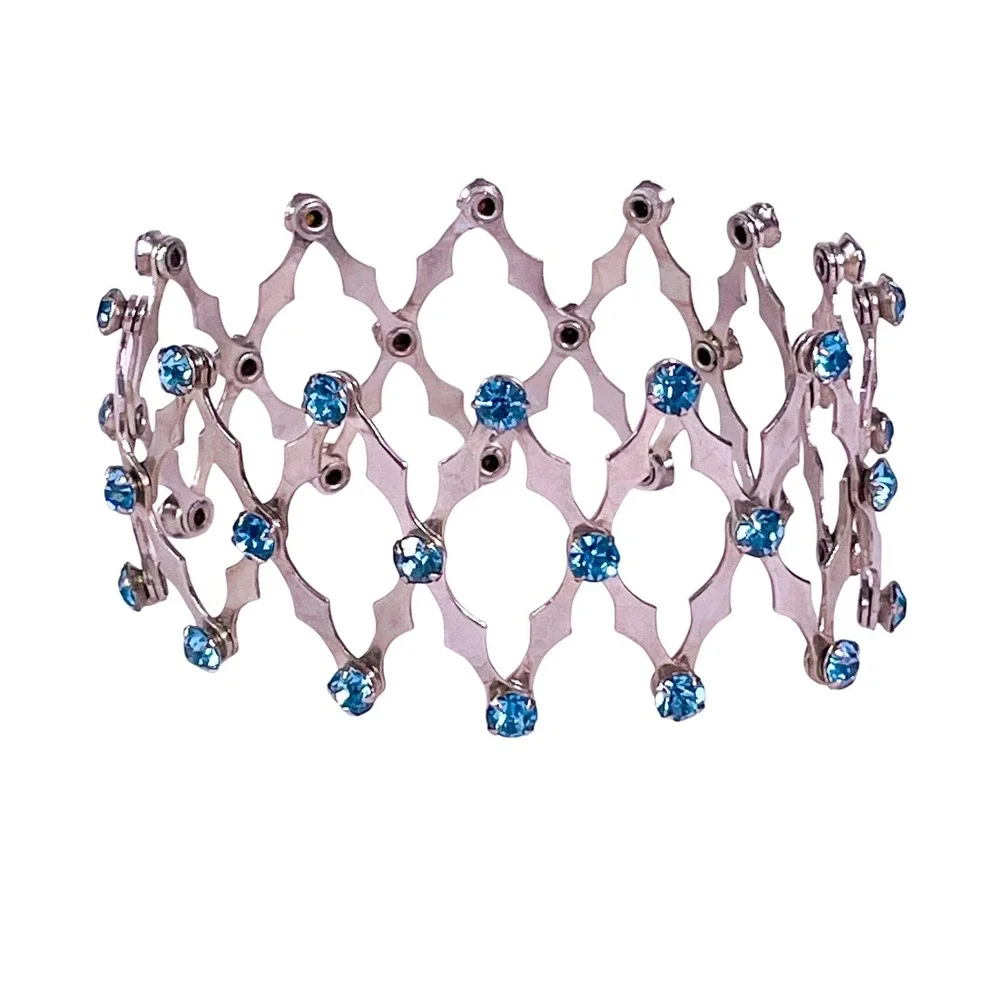 Vintage 1950s Expandable Chignon Hair Bun Cage‎ Silver Tone Blue Rhinestones